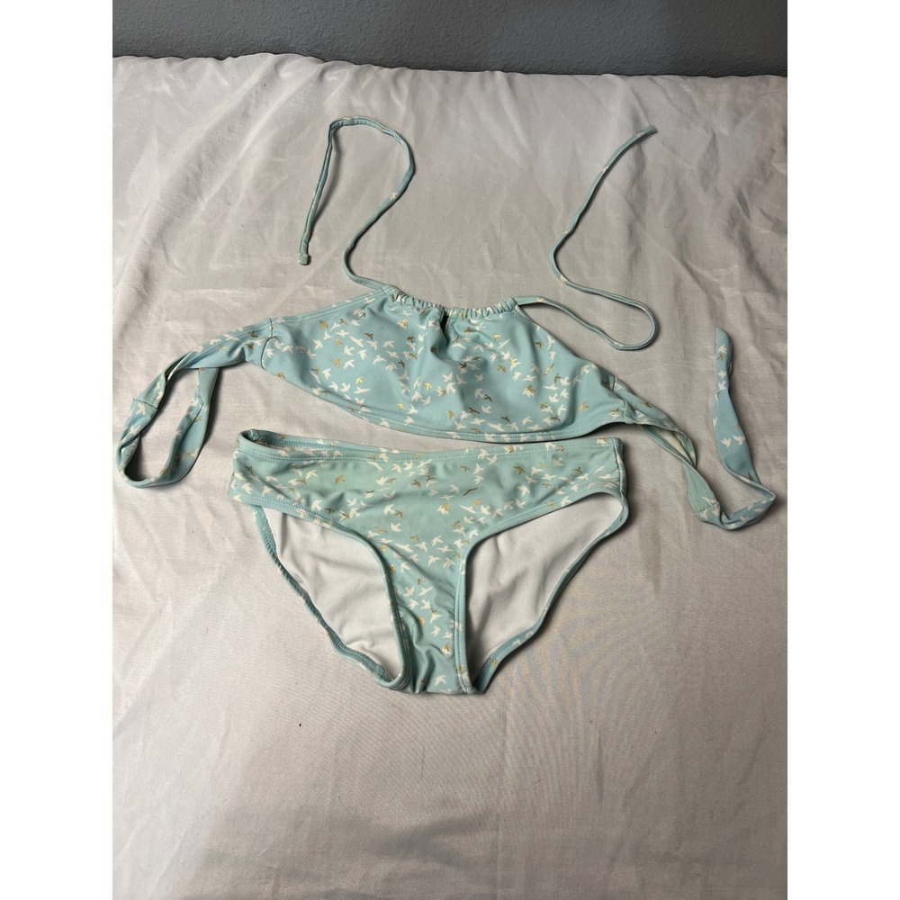 Light Blue Bird Print Halter Bikini Set Gold Metallic Accents Two Piece Swimsuit